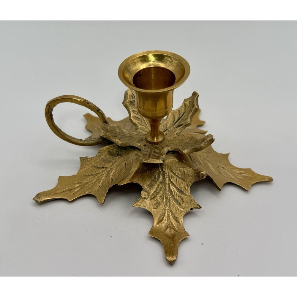 Vintage Holly Leaf Solid Brass Candlestick Holder with Finger Loop Made in India
